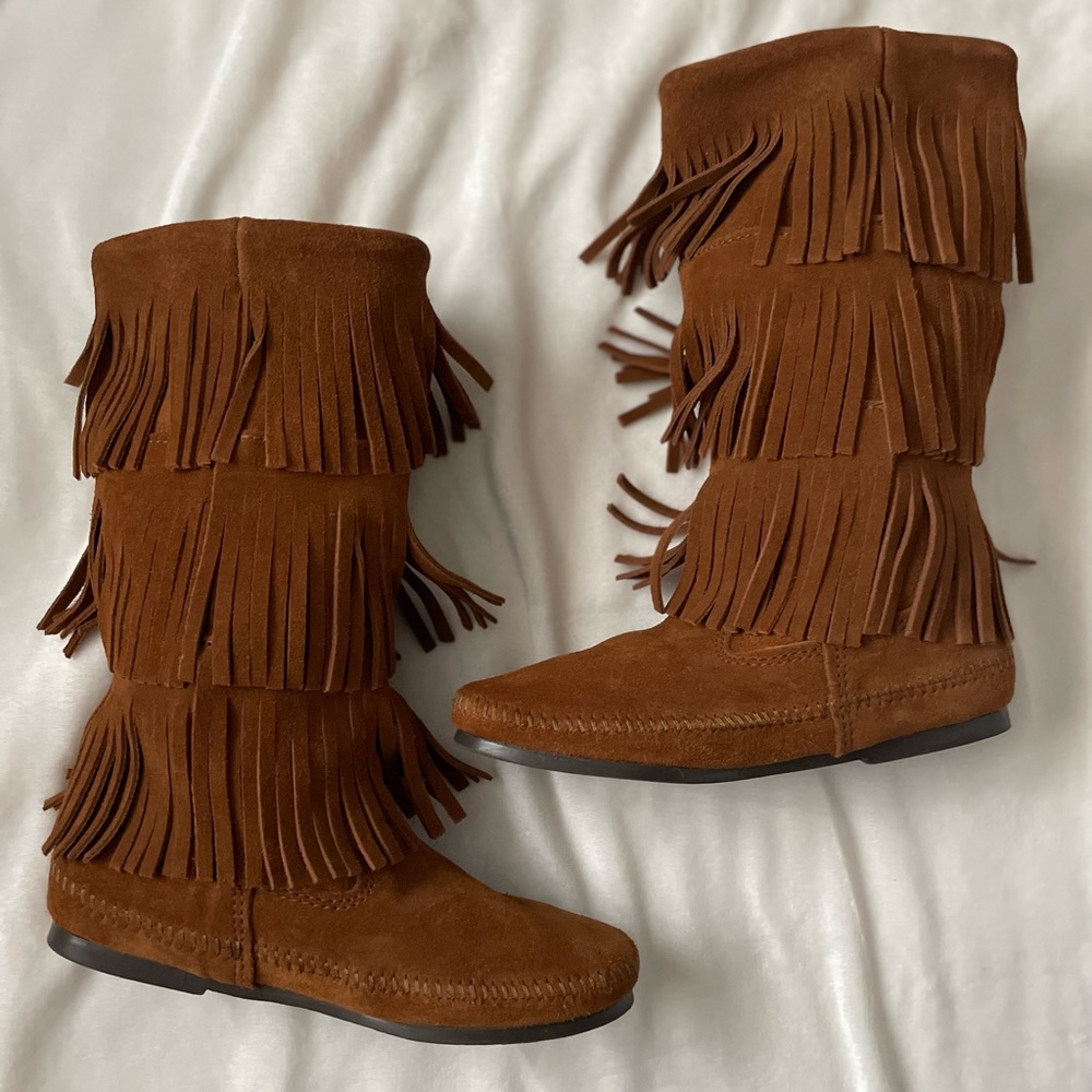 Minnetonka Caramel Brown Suede Mid Calf Moccasin Boots with Fringe NWOT